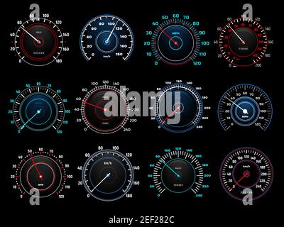 Car dashboard speedometer round indicators with glowing neon light kilometers and miles per hour scales and arrow. Modern automobile analog or digital Stock Vector