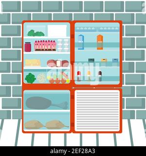 Open fridge full with tasty food vector illustration Stock Vector