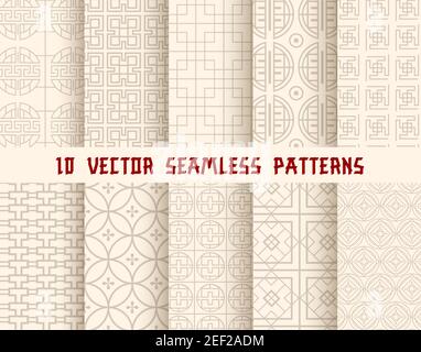 Oriental seamless pattern background set. Asian traditional geometric floral ornament with chinese circle tracery and japanese curve line pattern for Stock Vector