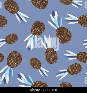 Seamless pattern with pineapple. Cartoon tropical colorful fruits on blue background. Ananas, pine. Food concept. Template design for invitation, card Stock Vector