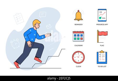 Task management - colorful flat design style poster with thematic linear icons. Infographics with a boy running up the stairs. Reminder, progress app, Stock Vector