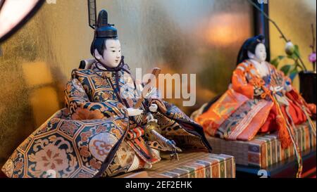 Traditional Japanese Hina Emperor and Empress Dolls on display as part if Boys and Girls Day celebrations in Tokyo, Japan. Stock Photo