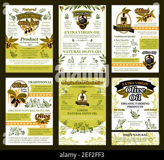 Olive oil posters or brochure design template of green and black olives for extra virgin product. Vector set of oil bottle or jar and drops on olive l Stock Vector