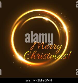 Christmas light greeting card of glowing golden circle. New Year neon ring of glowing swirl motion trail with Xmas star and shining sparkles for winte Stock Vector