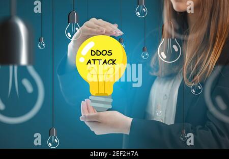 Business, technology, internet and network concept. Young businessman thinks over the steps for successful growth: Ddos attack Stock Photo