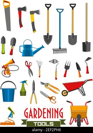 Gardening tools flat isolated icons of farming or farmer garden instruments. Vector set of rake or pitchfork, wheelbarrow and saw or gardening scissor Stock Vector