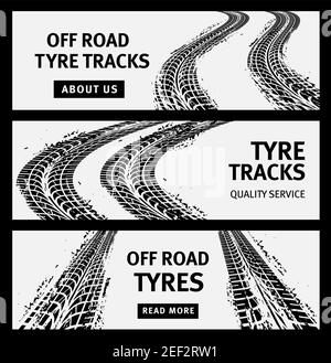 Off road tire tracks, car trucks tyres web banners, vector templates. Automotive and vehicle parts shop or service web banners with car tire grunge tr Stock Vector