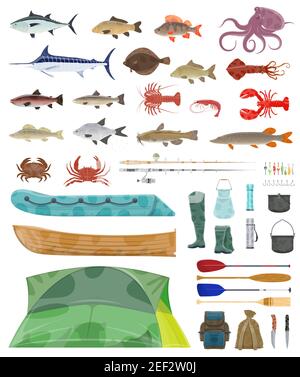 Fisherman tools and fishing tackles icons. Vector isolated equipment set of fisher boat, tent and fishing net or rod with hooks and fishes bait for fl Stock Vector