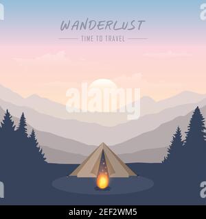 wanderlust camping adventure in the wilderness tent in the forest at mountain landscape vector illustration EPS10 Stock Vector