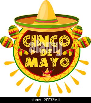 Mexican Cinco de Mayo holiday sombrero, maracas and pepper greeting card. Latin american fiesta party hat, maracas and chili or jalapeno with nachos i Stock Vector