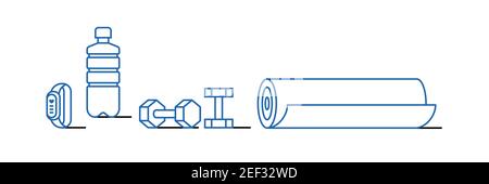 Water bottle, dumbbells, smart bracelet, mat icon Stock Vector