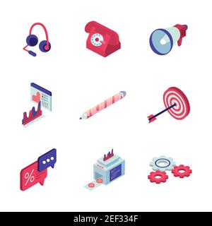 bundle of nine social media isometric set icons vector illustration design Stock Vector
