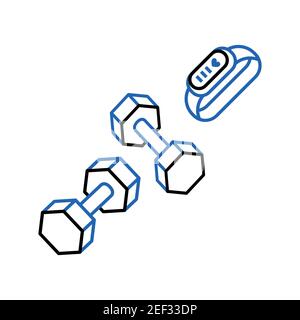 Sports dumbbells and smart fitness bracelet icon Stock Vector