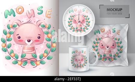Cute mouse in flower poster and merchandising. Stock Vector