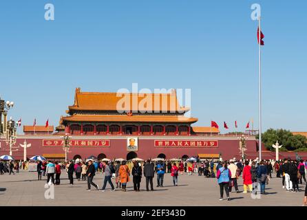 Beijing, China - October 24 2018: Chinese tourist visit the Gate of Heavenly Peace in front of the Forbidden city and the Tiananmen Square in Beijing, Stock Photo