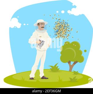 Beekeeping apiary and beekeeper man with bee smoker in bees swarm for honey gathering. Vector flat design of beekeeping farm landscape and hiver or ap Stock Vector