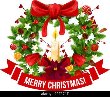 Merry Christmas greeting wish lettering on red ribbon wreath icon for winter holiday design template. Vector symbol of Christmas tree holly decoration Stock Vector