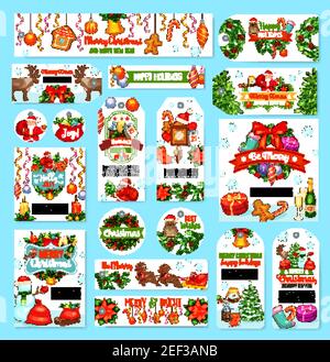 Merry Christmas wishes of happy holidays winter season greeting cards and banners design. Vector Christmas tree decorations, snowman and Santa reindee Stock Vector
