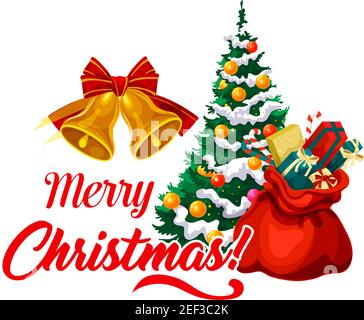 Merry Christmas greeting and Xmas tree icon with winter holiday decoration ornaments and Santa gifts bag on white snow background. Vector isolated sym Stock Vector