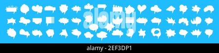 Big set of vector white comic speech bubbles on blue background. Isolated colorful banner, empty paper shape. Cartoon flat illustration for chat Stock Vector