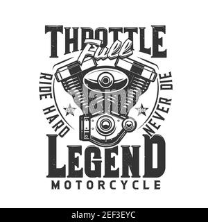 Motorcycle engine vector t-shirt print mockup of biker club or motor racing sport design. V-twin engine of motorbike grunge badge of custom apparel wi Stock Vector