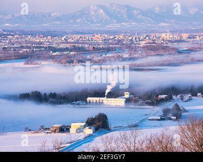 Steam Fog and Obihiro City, Hokkaido, Japan Stock Photo