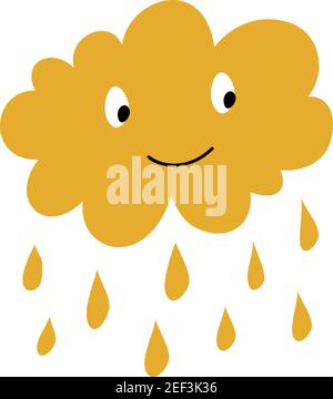 Cute happy cartoon cloud with rain drops isolated on white background. Kids image for greeting card or poster, holiday banner, scrapbook Stock Vector