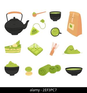 Various tea products made from matcha.  Stock Vector