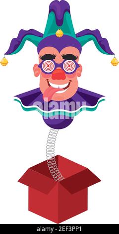 clown wearing joker hat and mask in surprise box fools day accessory vector illustration design Stock Vector