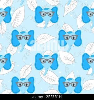 Seamless pattern with cute blue elephant face in sunglasses on floral background. Vector flat animals colorful illustration for kids. Adorable cartoon Stock Vector