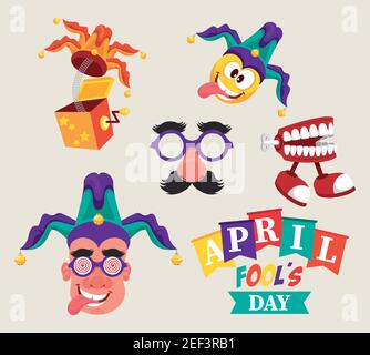 april fools day lettering with five icons vector illustration design Stock Vector