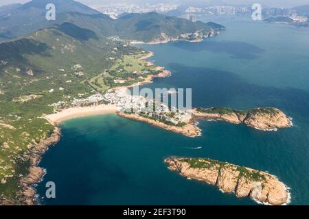 Aerial view of the Shek O beach and town in the south of Hong Kong island on a sunny day Stock Photo