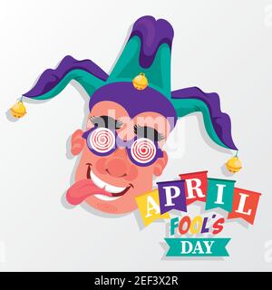 april fools day lettering with man wearing funny accessories vector illustration design Stock Vector