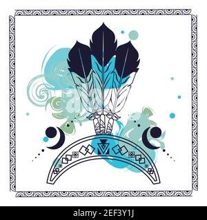 feathers native head decoration in square frame tribal style icon vector illustration design Stock Vector