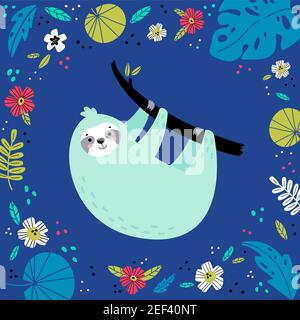 Sloth in various tropical leaves and flowers. Stock Vector