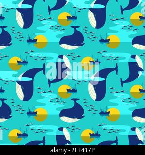 Blue Whale in Ocean Decorative seamless vector pattern Stock Vector