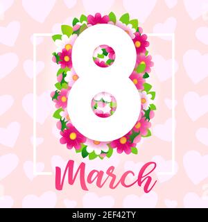 March 8, Happy Womens Day elegant congrats. Lovely pink background, cut white number, calligraphic text. Isolated abstract graphic design template. De Stock Vector