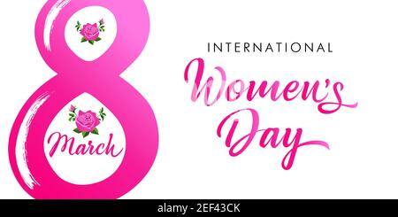 March 8, Happy Women's Day elegant congrats. Lovely cute pink background, digit 8 in florist style, calligraphic text. Isolated abstract graphic desig Stock Vector