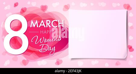 March 8, Happy Women's Day elegant congrats. Lovely cute decorative pink background, white color digit 8, calligraphic text, realistic sheet of paper. Stock Vector