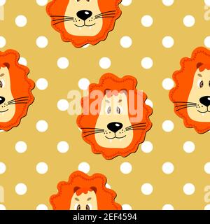 Vector flat animals colorful illustration for kids. Seamless pattern with cute lion face on yellow polka dots background. Adorable cartoon character Stock Vector