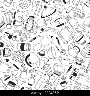 Vector hand drawn kitchen tools seamless pattern. Vintage background. Sketch kitchen tool, kitchenware. Pan, knife and fork, grater chef utensils Stock Vector