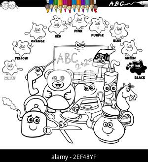 Black and white educational cartoon illustration of basic colors for children with objects comic characters group coloring book page Stock Vector