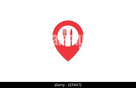 restaurant knife and fork with map pin location red logo design vector icon symbol illustration Stock Vector