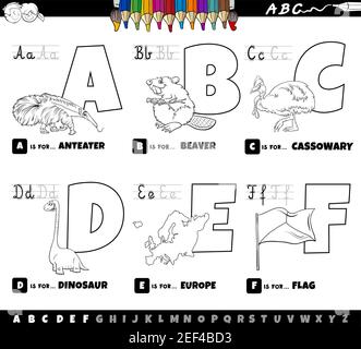 Black and white cartoon illustration of capital letters from alphabet educational set for reading and writing practice for kids from A to F coloring b Stock Vector