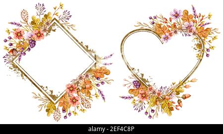 Floral vector frames set with autumn oak leaves, acorns, berries, flowers and floral elements in fall colors. Stock Vector
