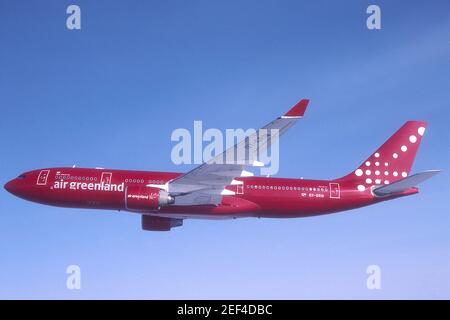 AIR GREENLAND AIRBUS A330-200 OY-GRN INBOUND TO KANGERLUSSUAQ. Stock Photo
