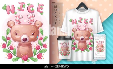 Pretty bear - poster and merchandising. Stock Vector
