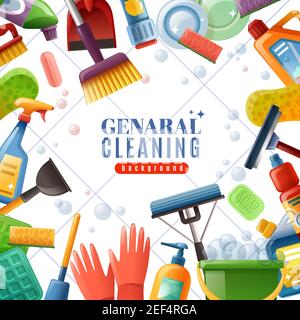 General cleaning frame with dishware brushes wipes mops soaps chemical detergents on white textured background vector illustration Stock Vector