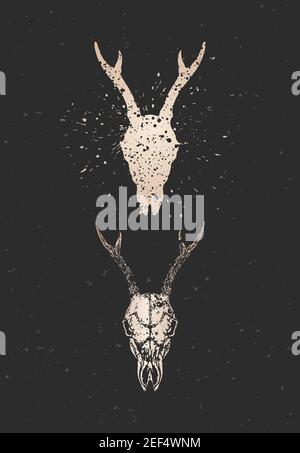 Vector illustration with two variants of hand drawn roe deer skulls on black background. Gold silhouettes and contour with grunge texture. For you des Stock Vector