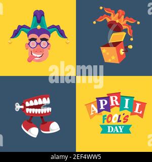april fools day lettering with three icons vector illustration design Stock Vector